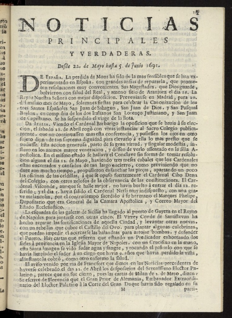 Miniatura de Noticias principales y verdaderas del 22 de mayo al 5 de junio de 1691