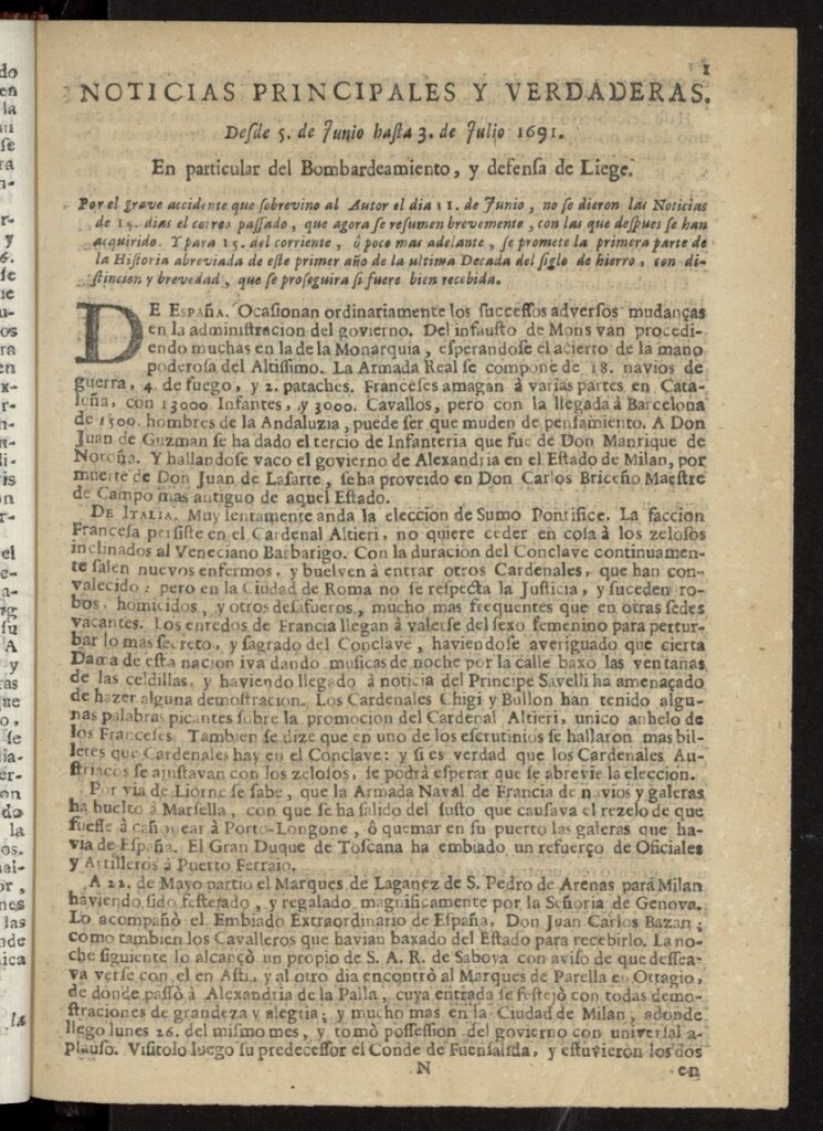 Miniatura de Noticias principales y verdaderas del 5 de junio al 3 de julio de 1691