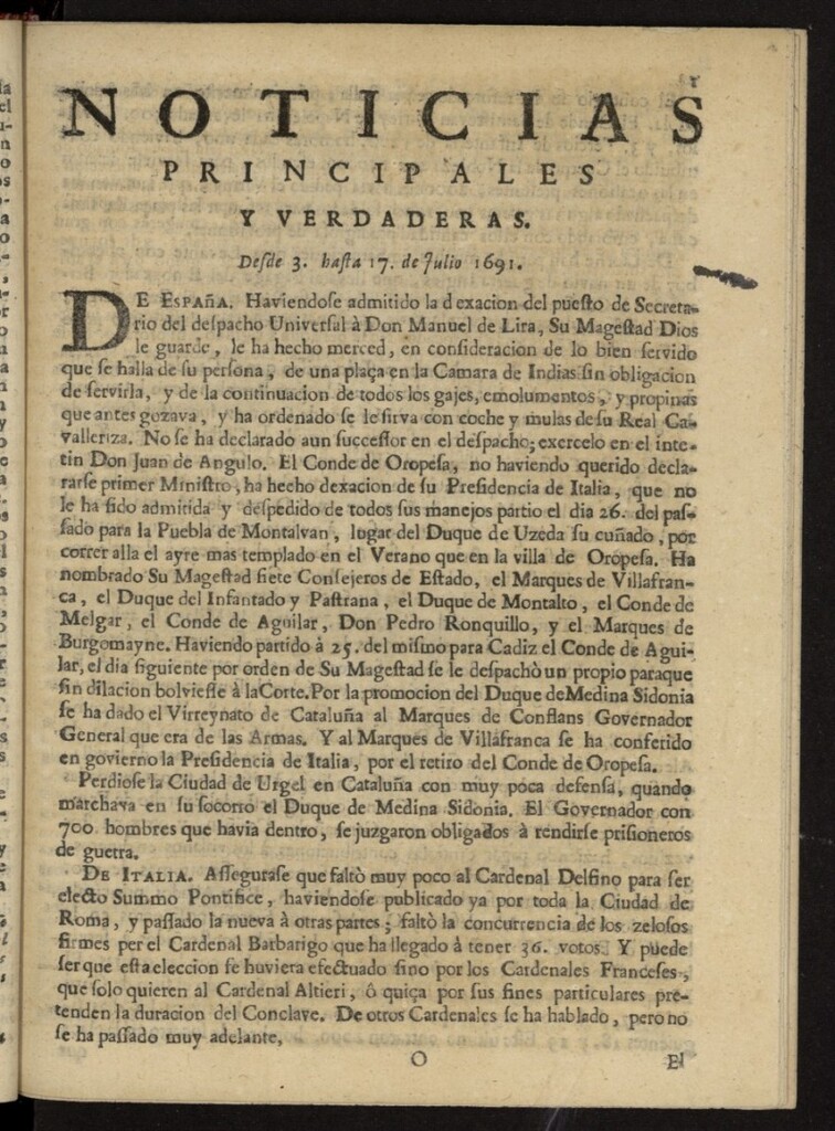 Miniatura de Noticias principales y verdaderas del 3 al 17 de julio de 1691