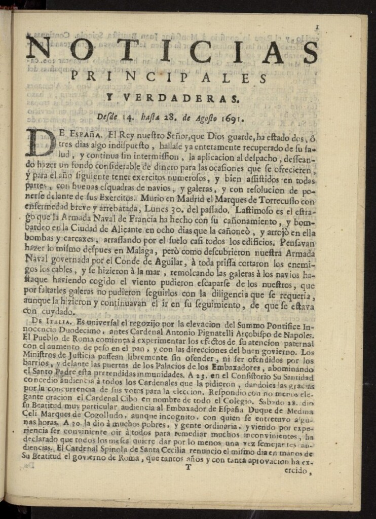Miniatura de Noticias principales y verdaderas del 14 al 28 de agosto de 1691