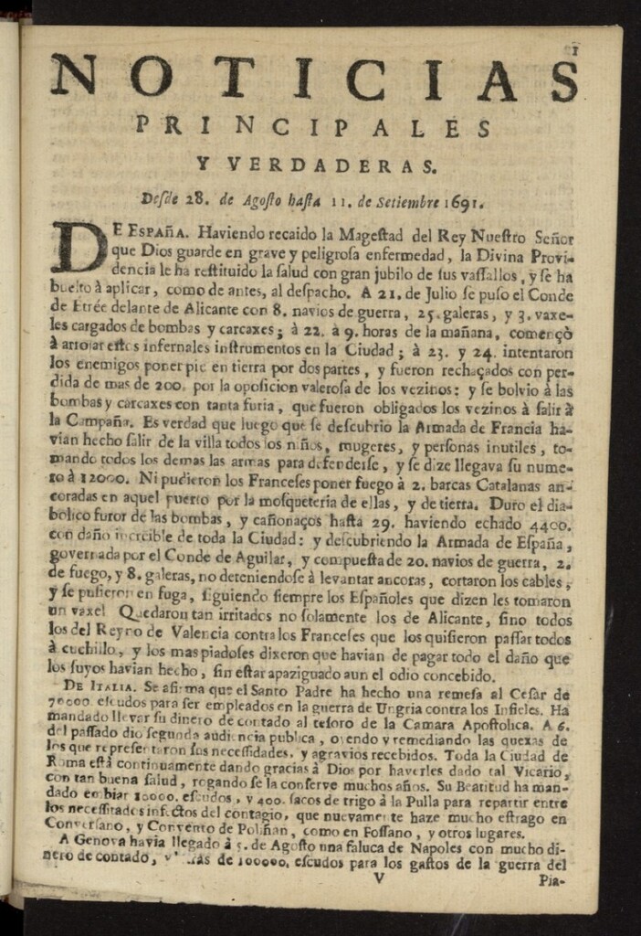 Miniatura de Noticias principales y verdaderas del 28 de agosto al 1 de septiembre de 1691