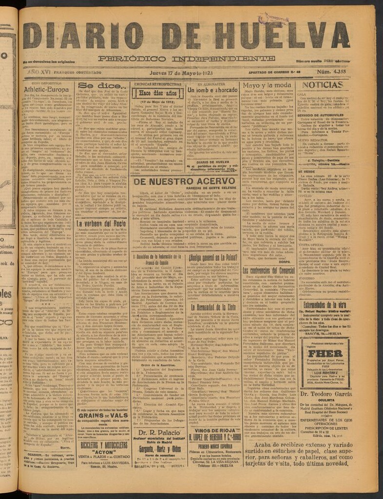 Miniatura de Diario de Huelva : periódico independiente del 17 de mayo de 1923