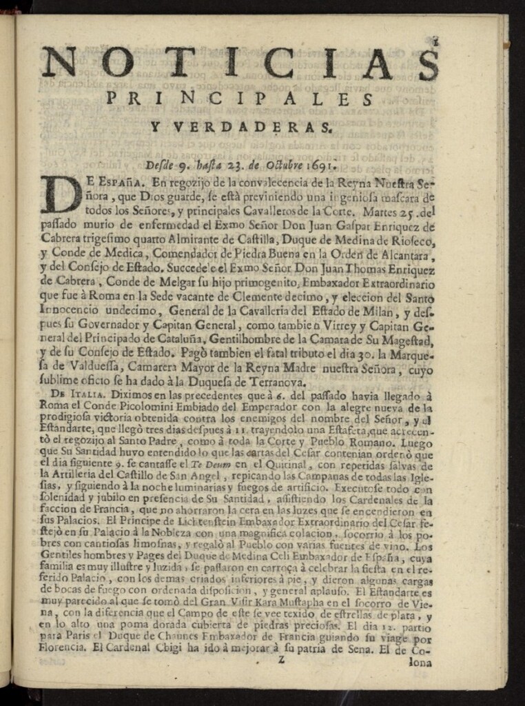 Miniatura de Noticias principales y verdaderas del 9 al 23 de octubre de 1691