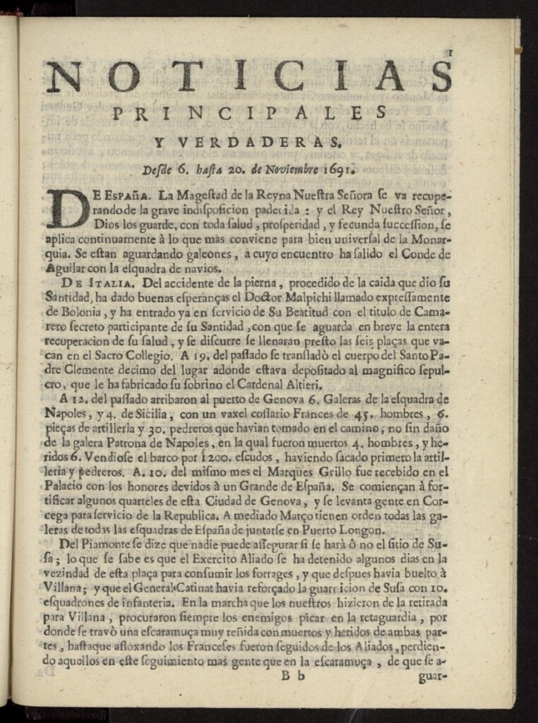 Miniatura de Noticias principales y verdaderas del 6 al 20 de noviembre de 1691