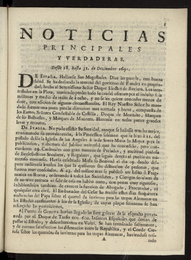 Miniatura de Noticias principales y verdaderas del 18 al 31 de diciembre de 1691
