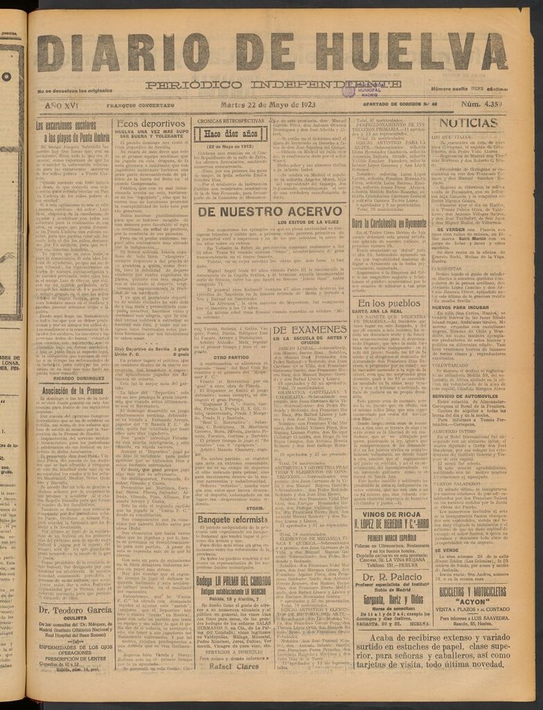 Miniatura de Diario de Huelva : periódico independiente del 22 de mayo de 1923