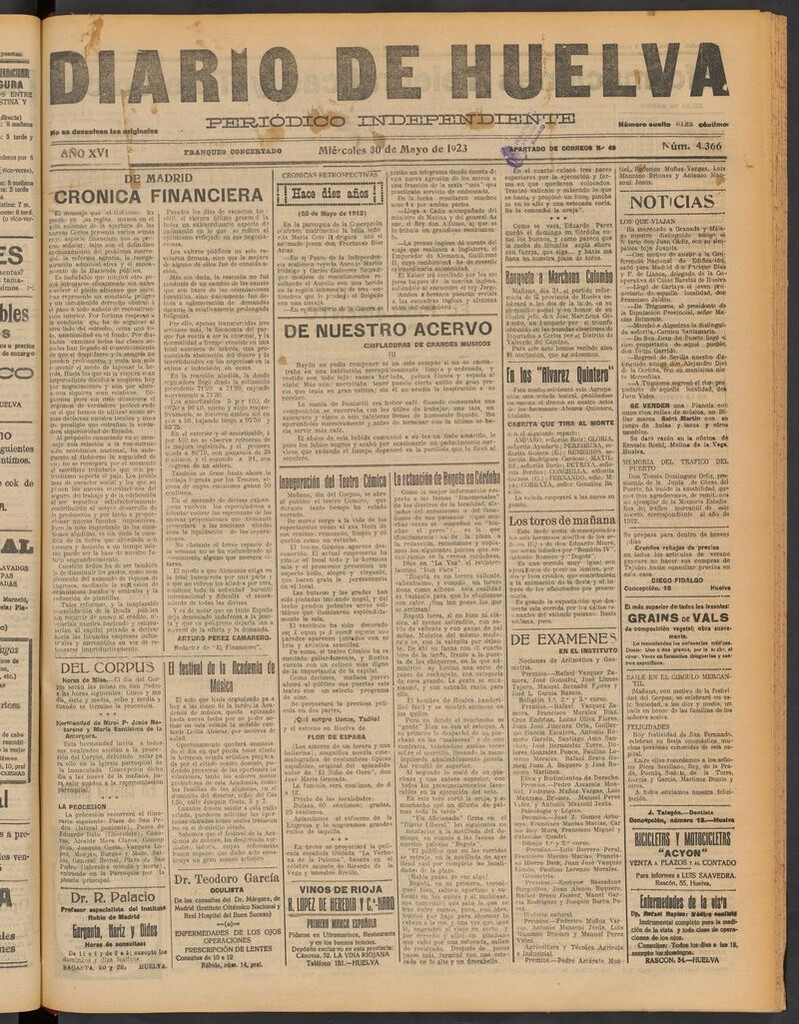 Miniatura de Diario de Huelva : periódico independiente del 30 de mayo de 1923