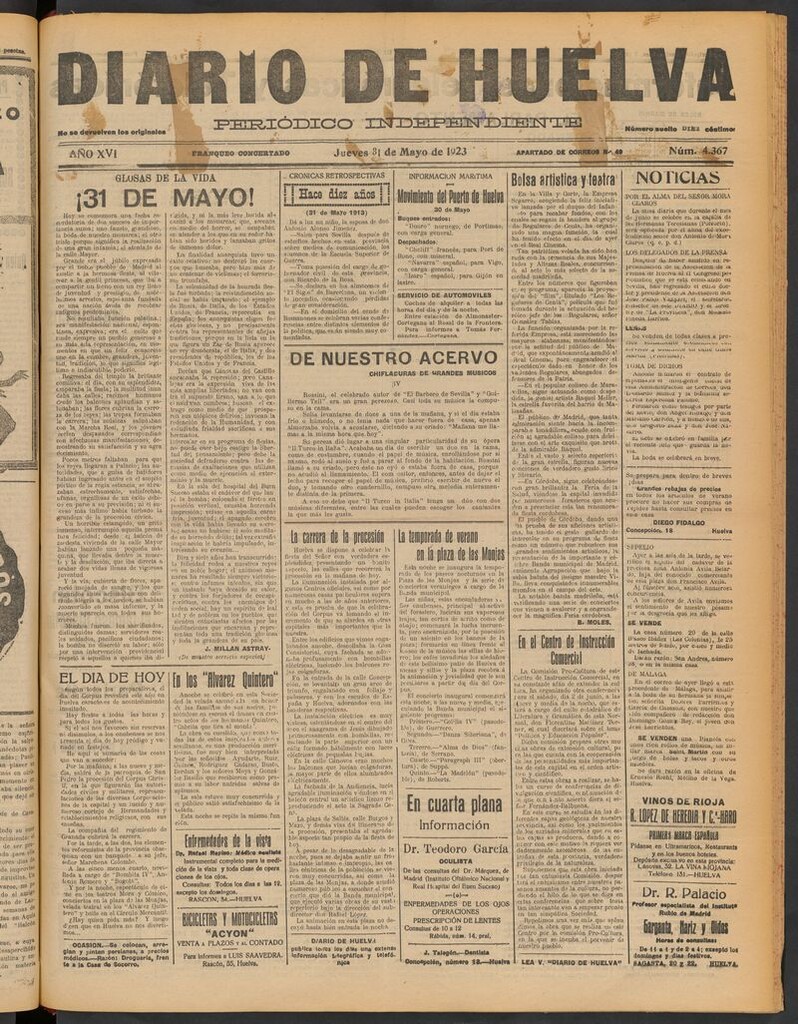 Miniatura de Diario de Huelva : periódico independiente del 31 de mayo de 1923