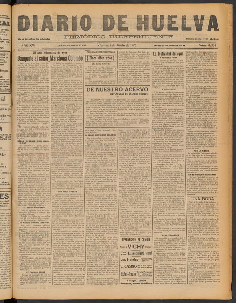 Miniatura de Diario de Huelva : periódico independiente del 1 de junio de 1923