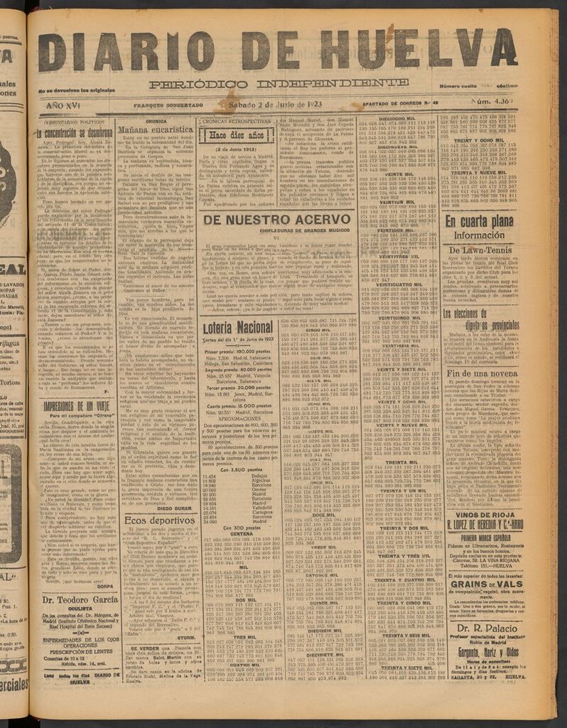 Miniatura de Diario de Huelva : periódico independiente del 2 de junio de 1923