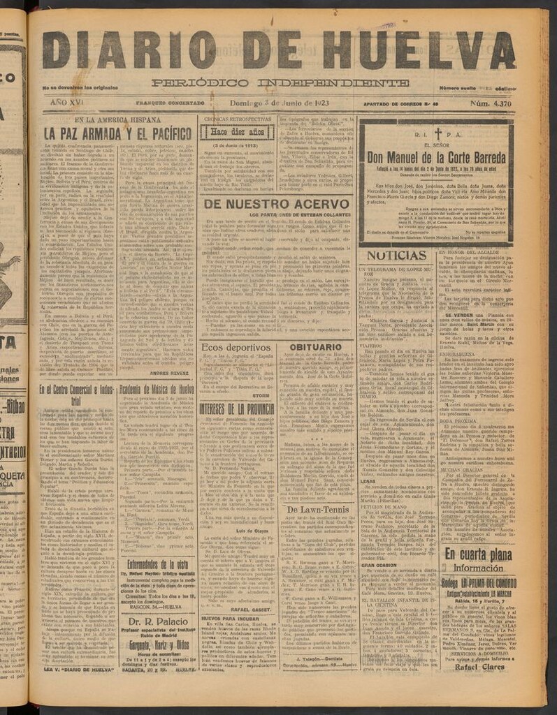 Miniatura de Diario de Huelva : periódico independiente del 3 de junio de 1923