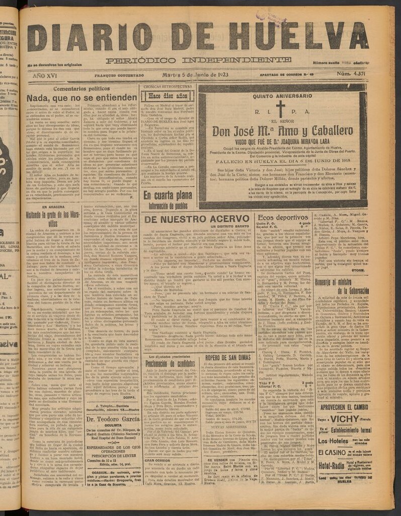 Miniatura de Diario de Huelva : periódico independiente del 5 de junio de 1923