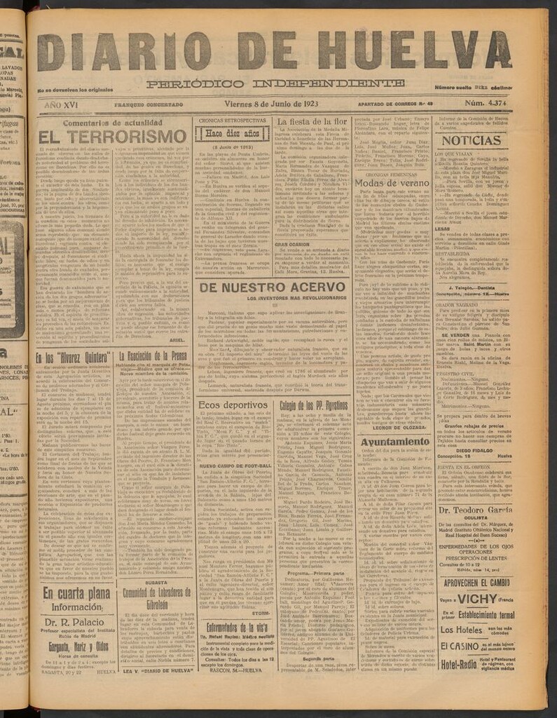 Miniatura de Diario de Huelva : periódico independiente del 8 de junio de 1923