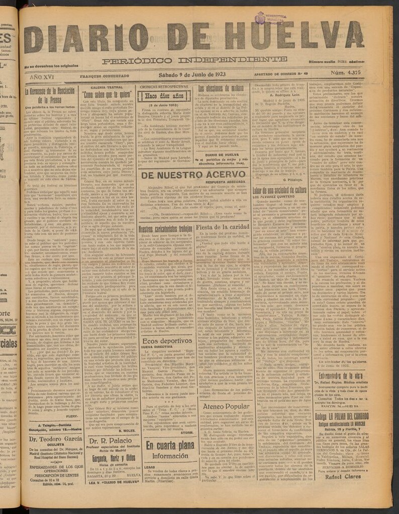 Miniatura de Diario de Huelva : periódico independiente del 9 de junio de 1923