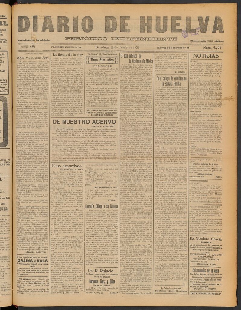 Miniatura de Diario de Huelva : periódico independiente del 10 de junio de 1923