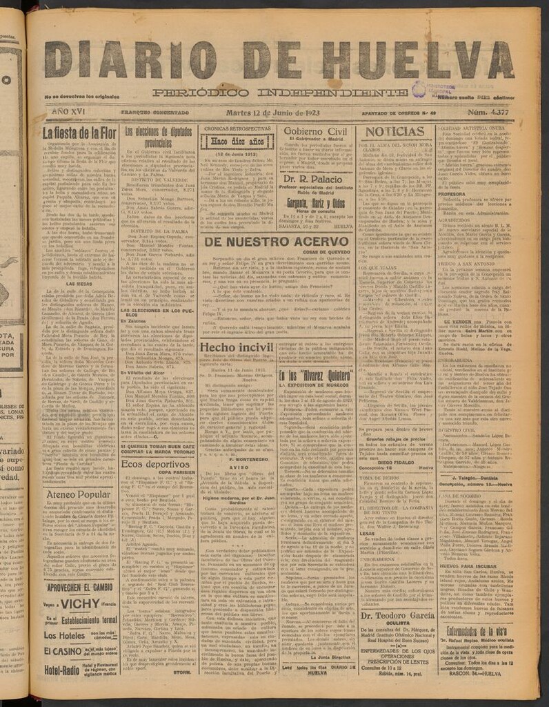 Miniatura de Diario de Huelva : periódico independiente del 12 de junio de 1923