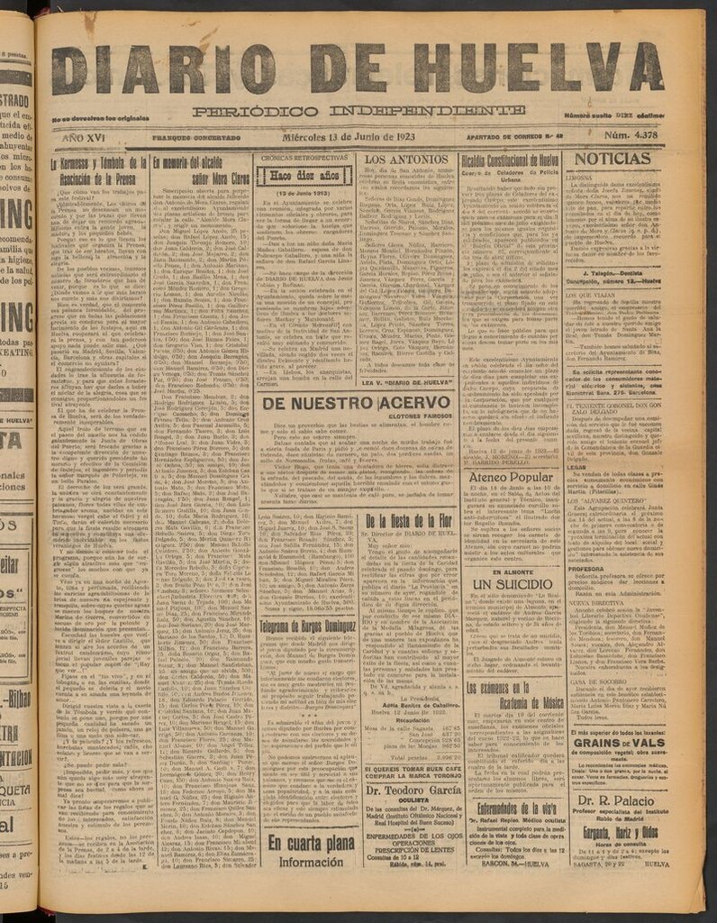 Miniatura de Diario de Huelva : periódico independiente del 13 de junio de 1923