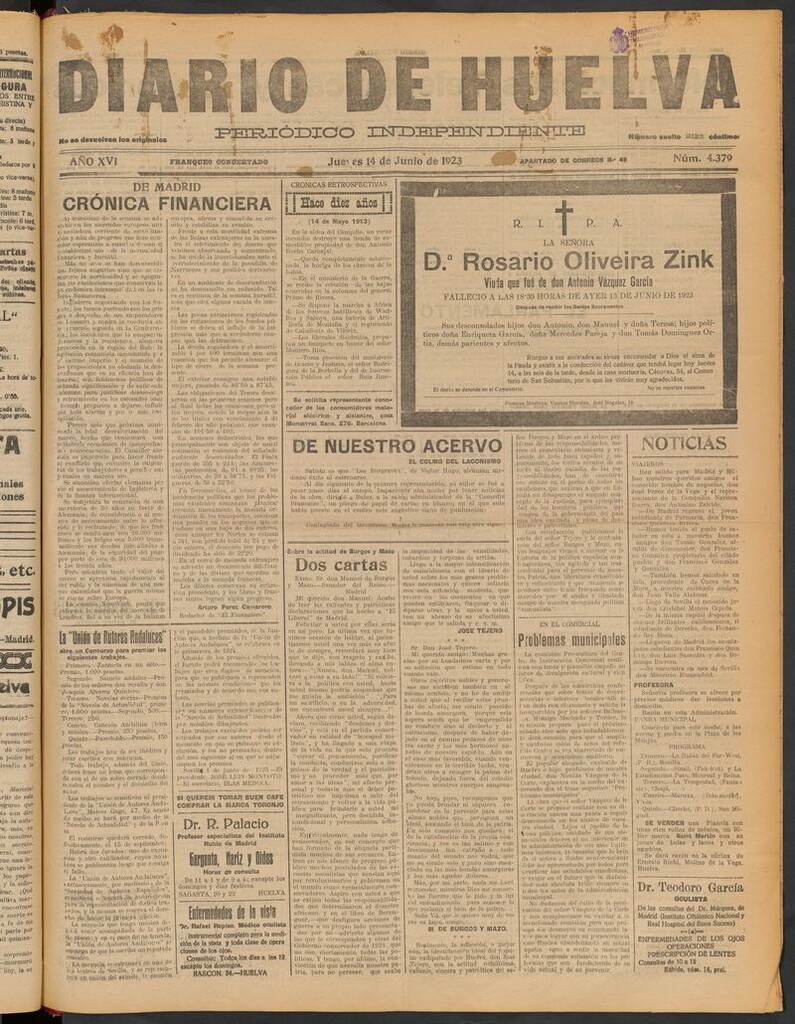 Miniatura de Diario de Huelva : periódico independiente del 14 de junio de 1923