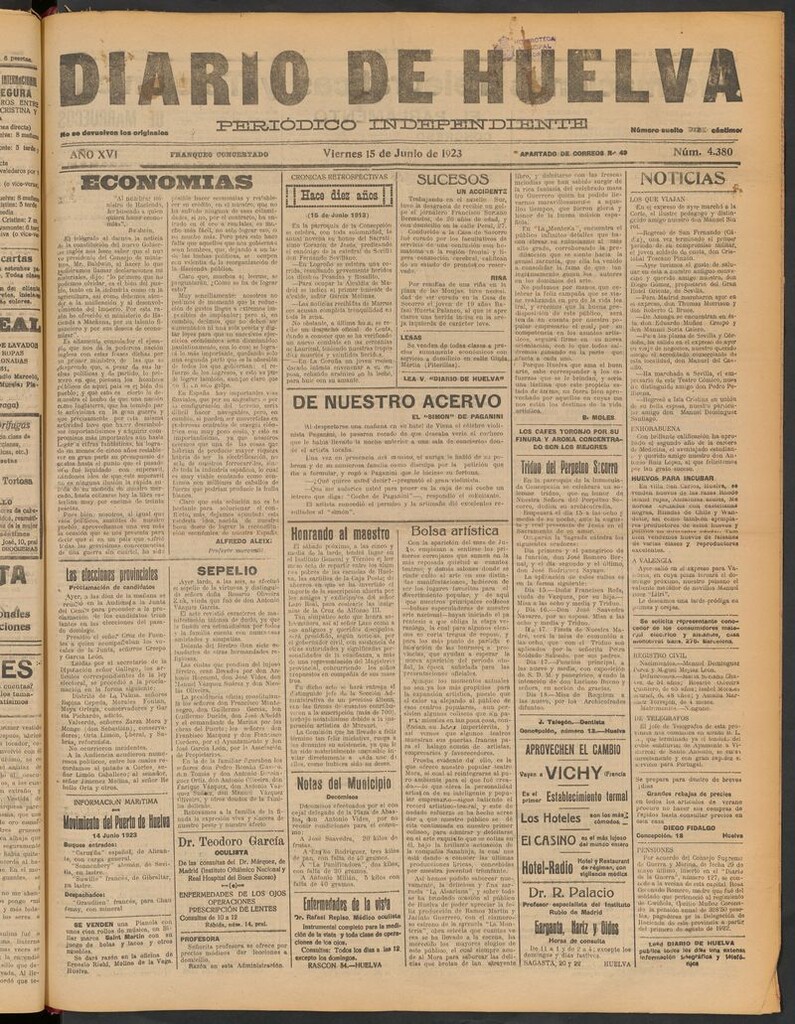 Miniatura de Diario de Huelva : periódico independiente del 15 de junio de 1923