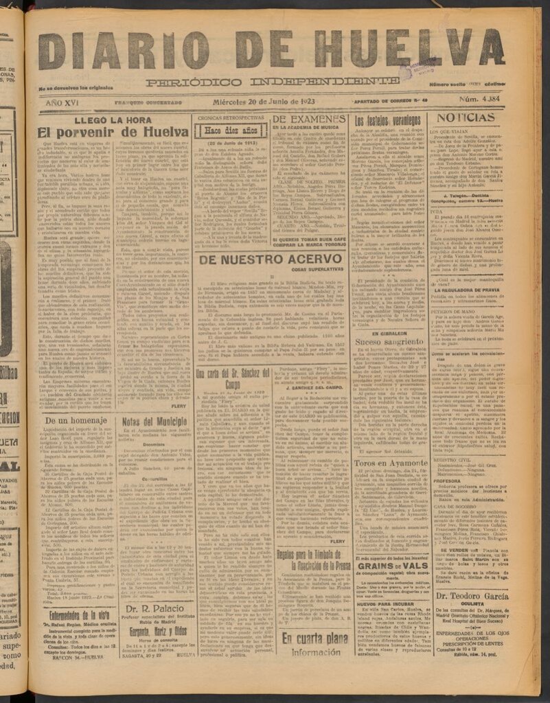Miniatura de Diario de Huelva : periódico independiente del 20 de junio de 1923