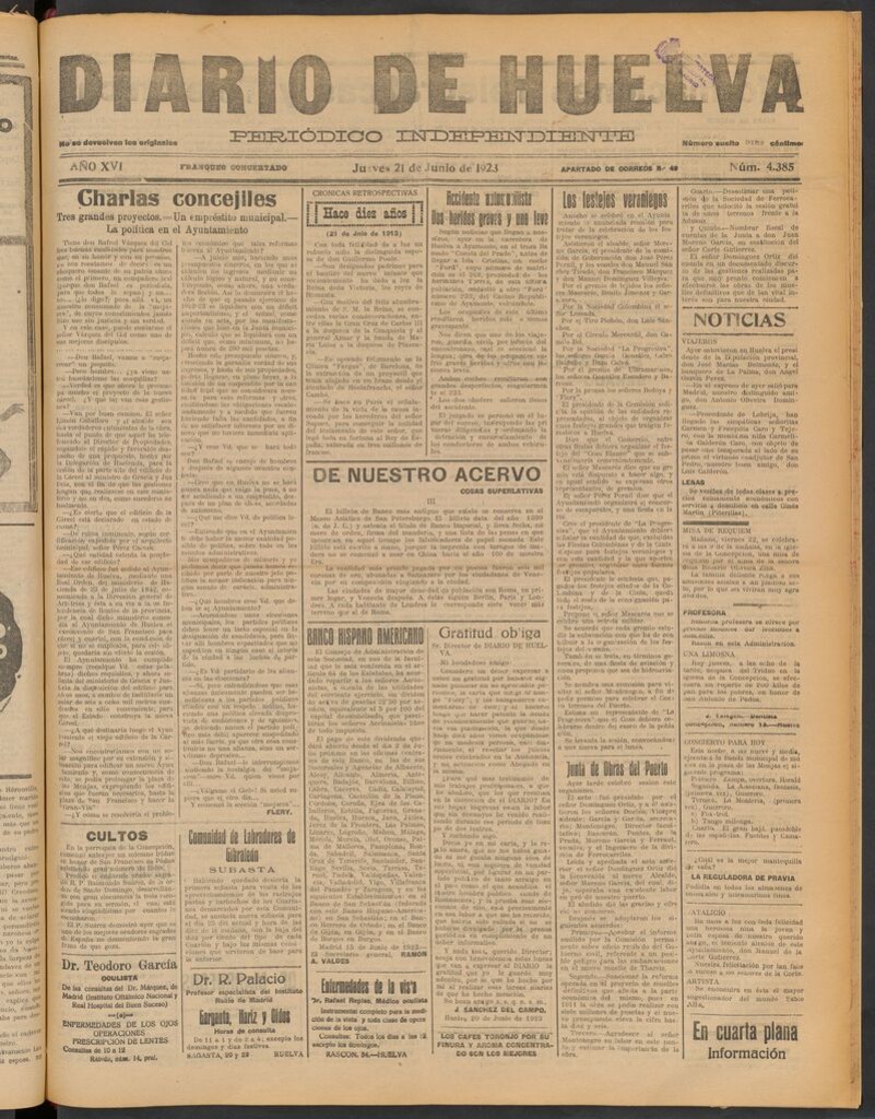 Miniatura de Diario de Huelva : periódico independiente del 21 de junio de 1923