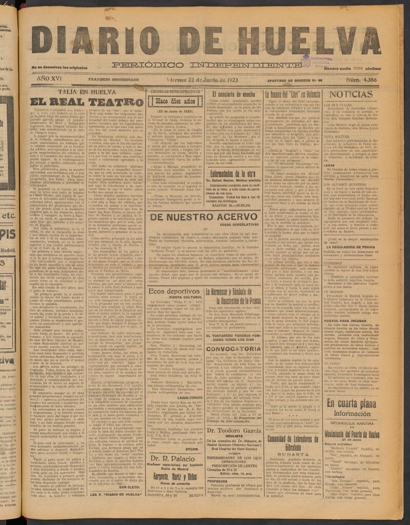 Miniatura de Diario de Huelva : periódico independiente del 22 de junio de 1923