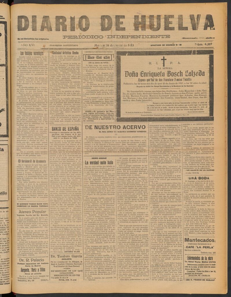 Miniatura de Diario de Huelva : periódico independiente del 26 de junio de 1923
