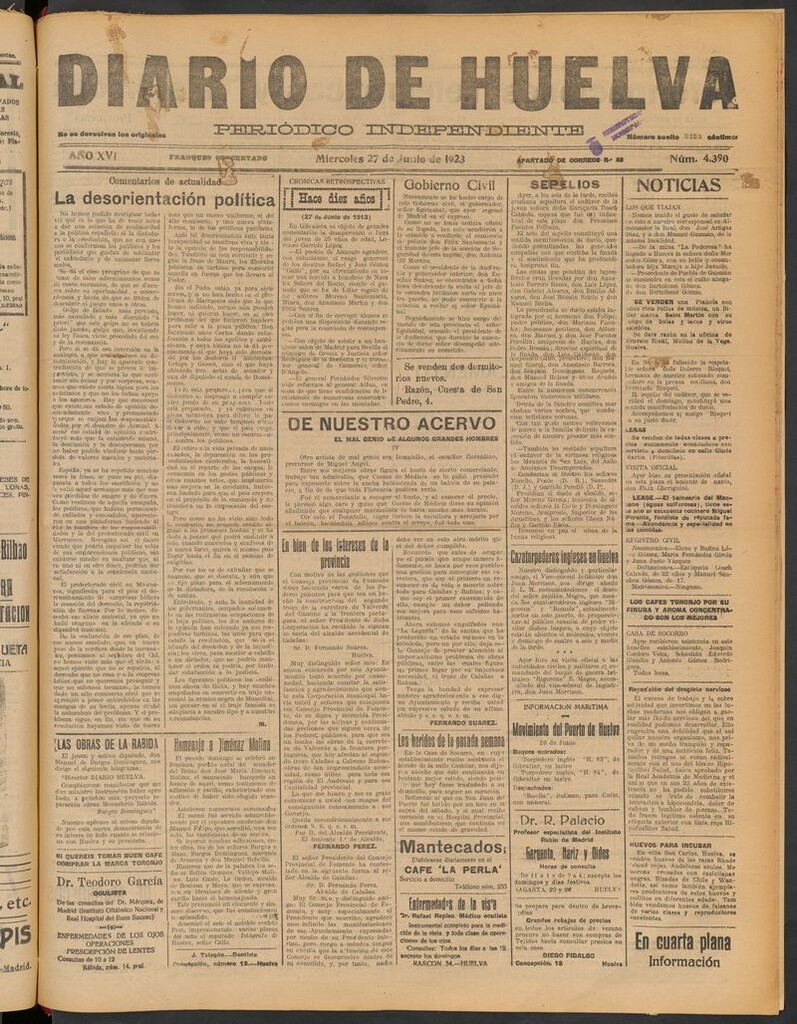 Miniatura de Diario de Huelva : periódico independiente del 27 de junio de 1923