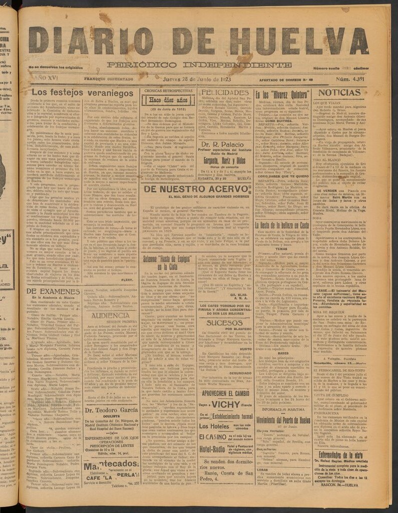 Miniatura de Diario de Huelva : periódico independiente del 28 de junio de 1923