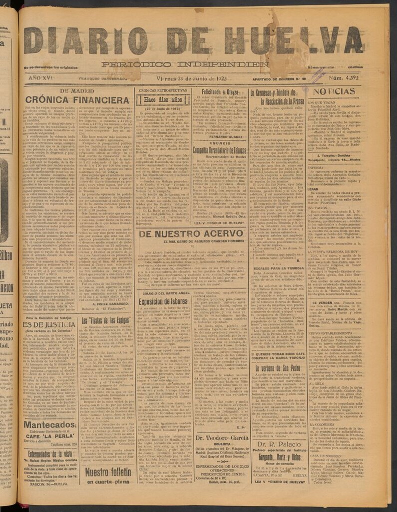 Miniatura de Diario de Huelva : periódico independiente del 29 de junio de 1923