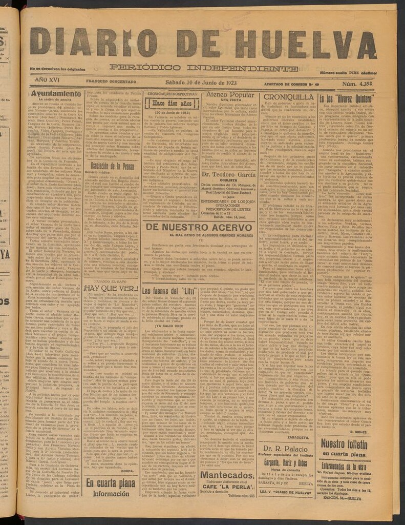 Miniatura de Diario de Huelva : periódico independiente del 30 de junio de 1923