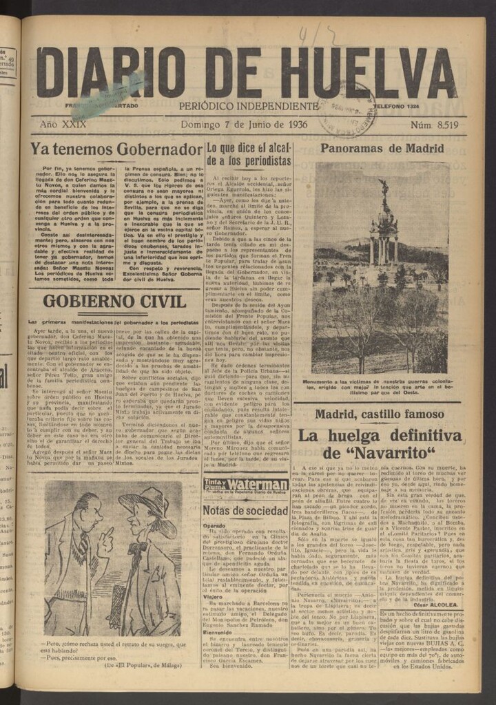 Miniatura de Diario de Huelva : periódico independiente del 7 de junio de 1936