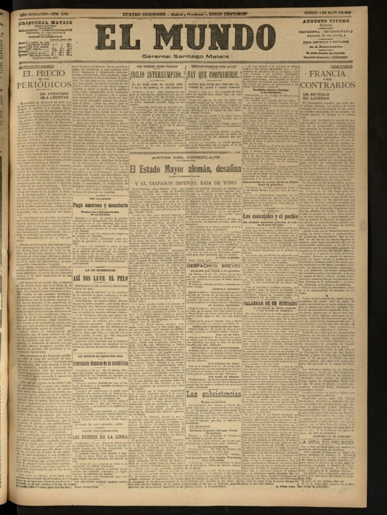 Miniatura de El Mundo del 4 de mayo de 1918 (edición de provincias)