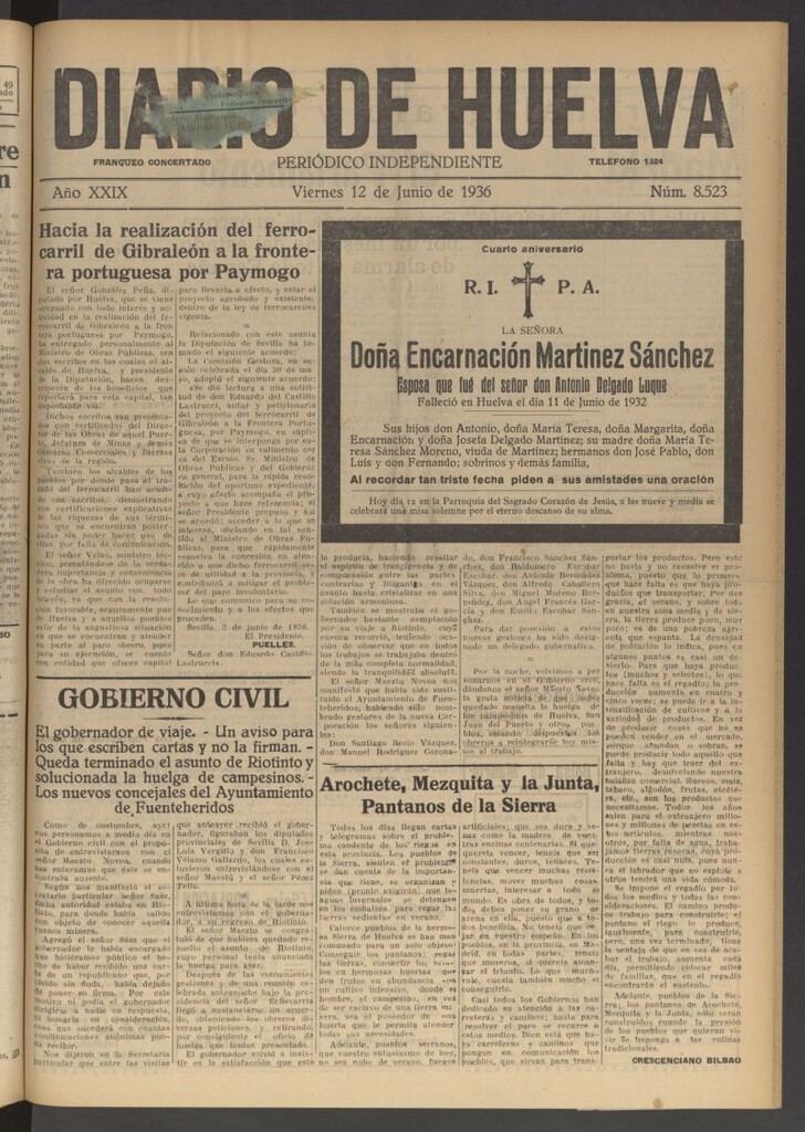 Miniatura de Diario de Huelva : periódico independiente del 12 de junio de 1936