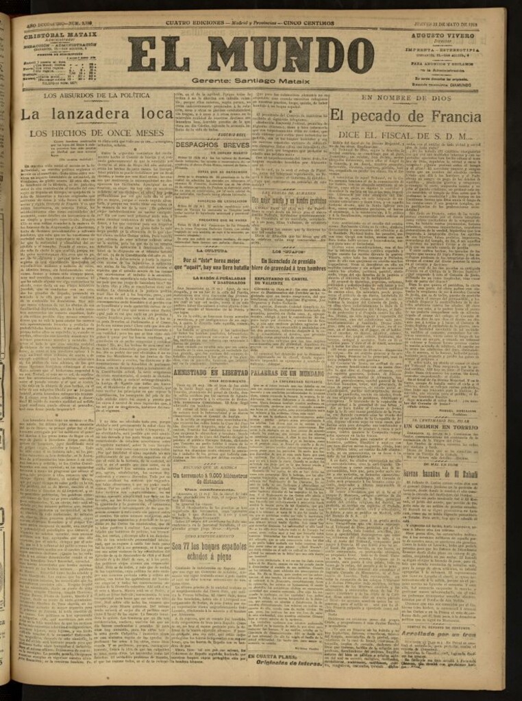 Miniatura de El Mundo del 23 de mayo de 1918 (edición de provincias)