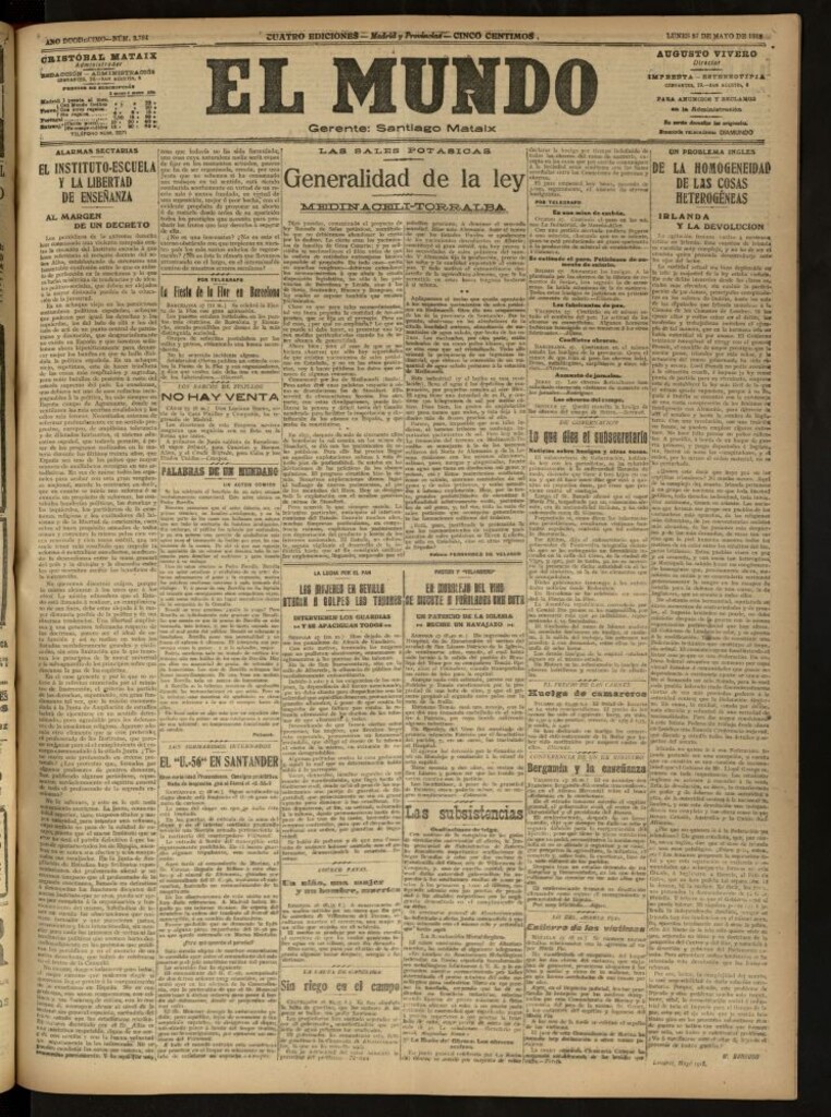 Miniatura de El Mundo del 27 de mayo de 1918 (edición de provincias)