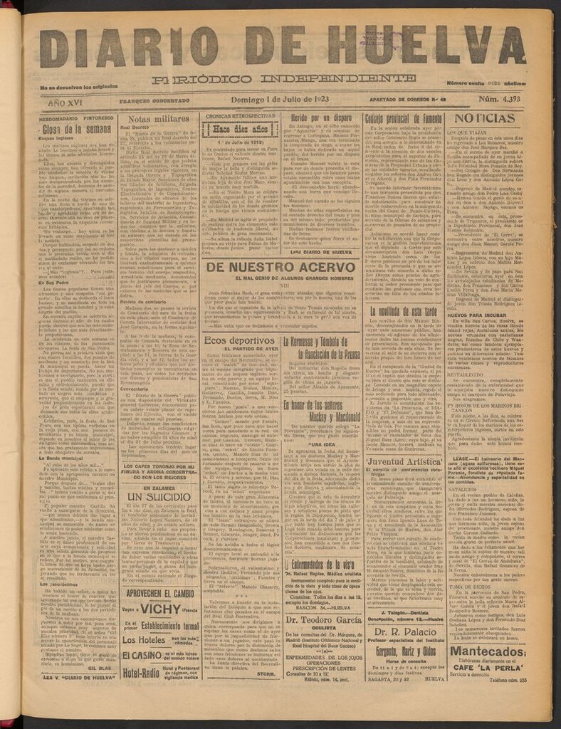Miniatura de Diario de Huelva : periódico independiente del 1 de julio de 1923