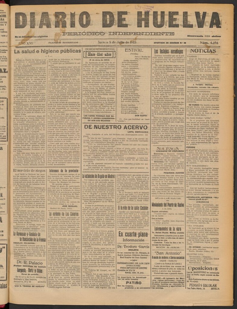 Miniatura de Diario de Huelva : periódico independiente del 5 de julio de 1923