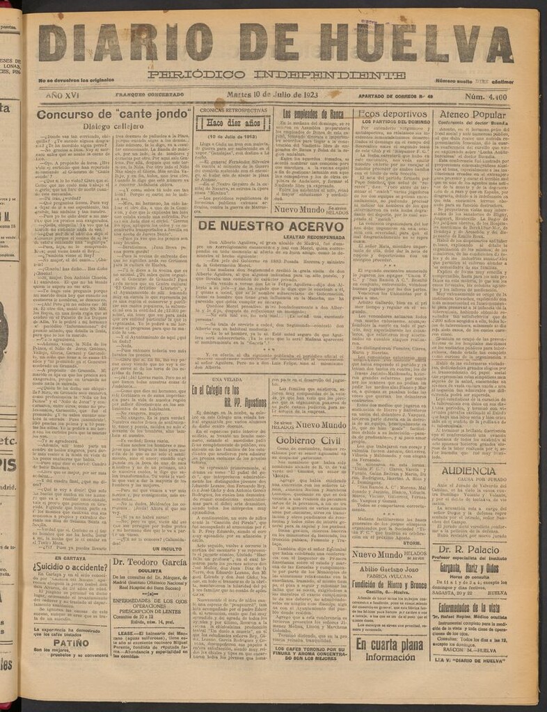 Miniatura de Diario de Huelva : periódico independiente del 10 de julio de 1923