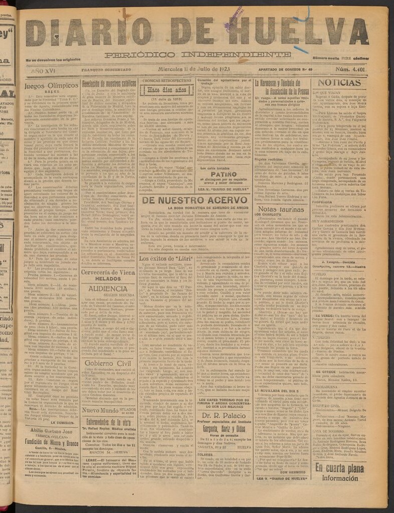 Miniatura de Diario de Huelva : periódico independiente del 11 de julio de 1923