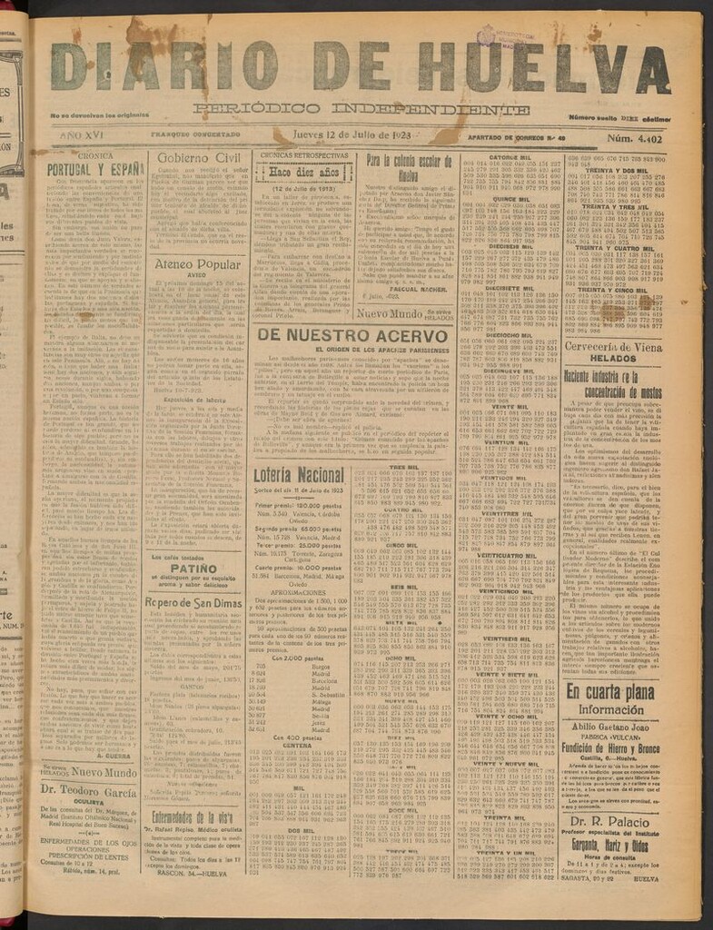 Miniatura de Diario de Huelva : periódico independiente del 12 de julio de 1923