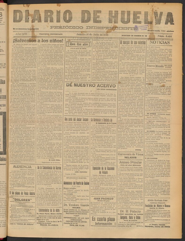 Miniatura de Diario de Huelva : periódico independiente del 14 de julio de 1923