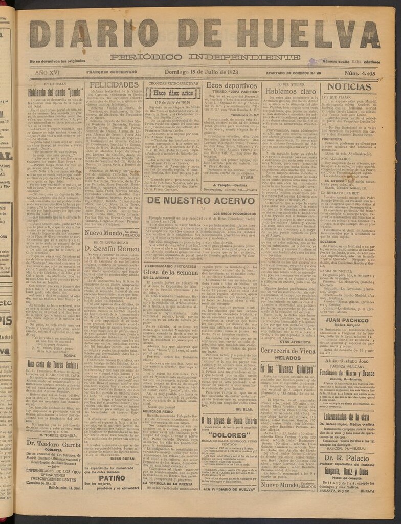 Miniatura de Diario de Huelva : periódico independiente del 15 de julio de 1923