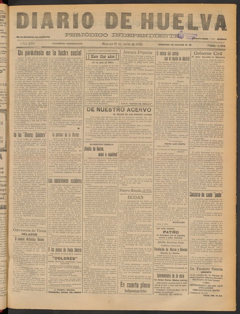 Miniatura de Diario de Huelva : periódico independiente del 17 de julio de 1923