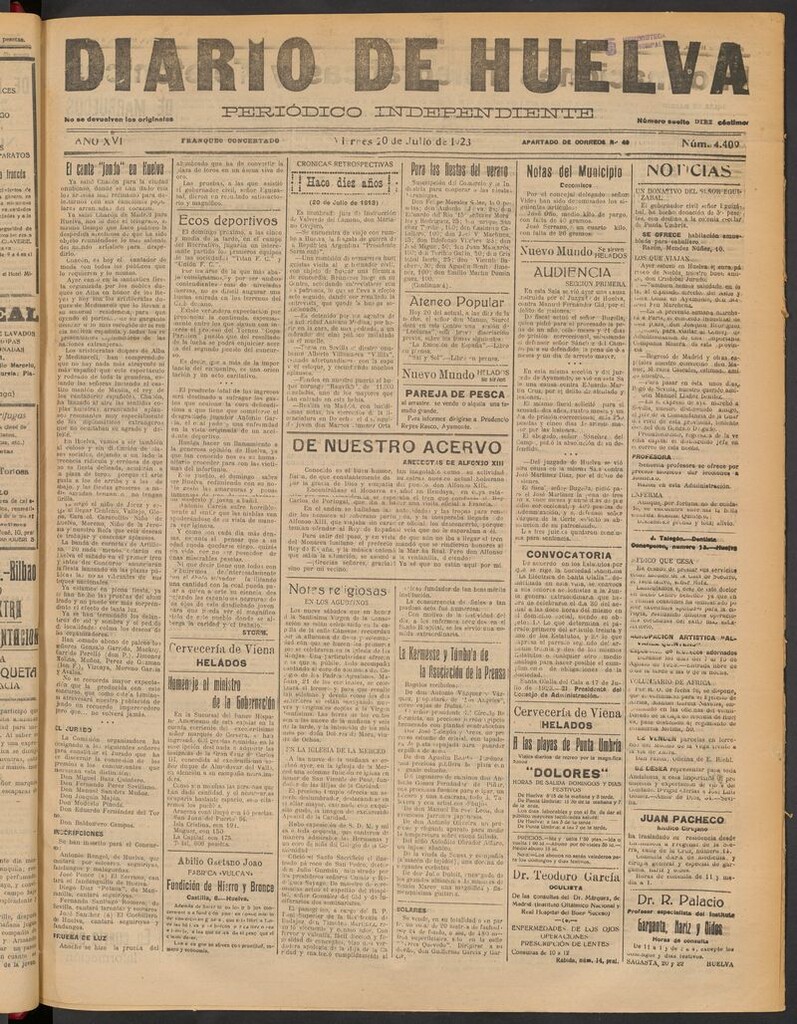 Miniatura de Diario de Huelva : periódico independiente del 20 de julio de 1923