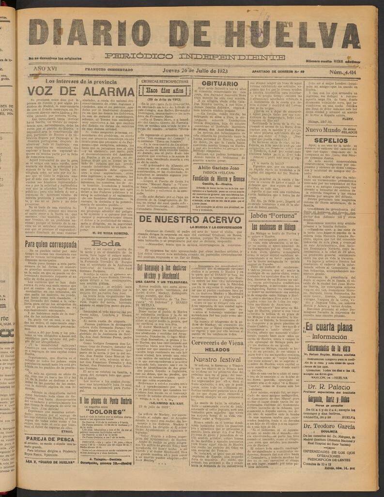 Miniatura de Diario de Huelva : periódico independiente del 26 de julio de 1923
