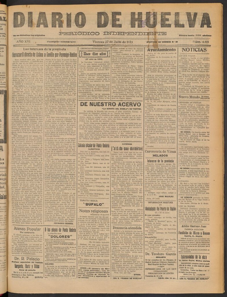 Miniatura de Diario de Huelva : periódico independiente del 27 de julio de 1923