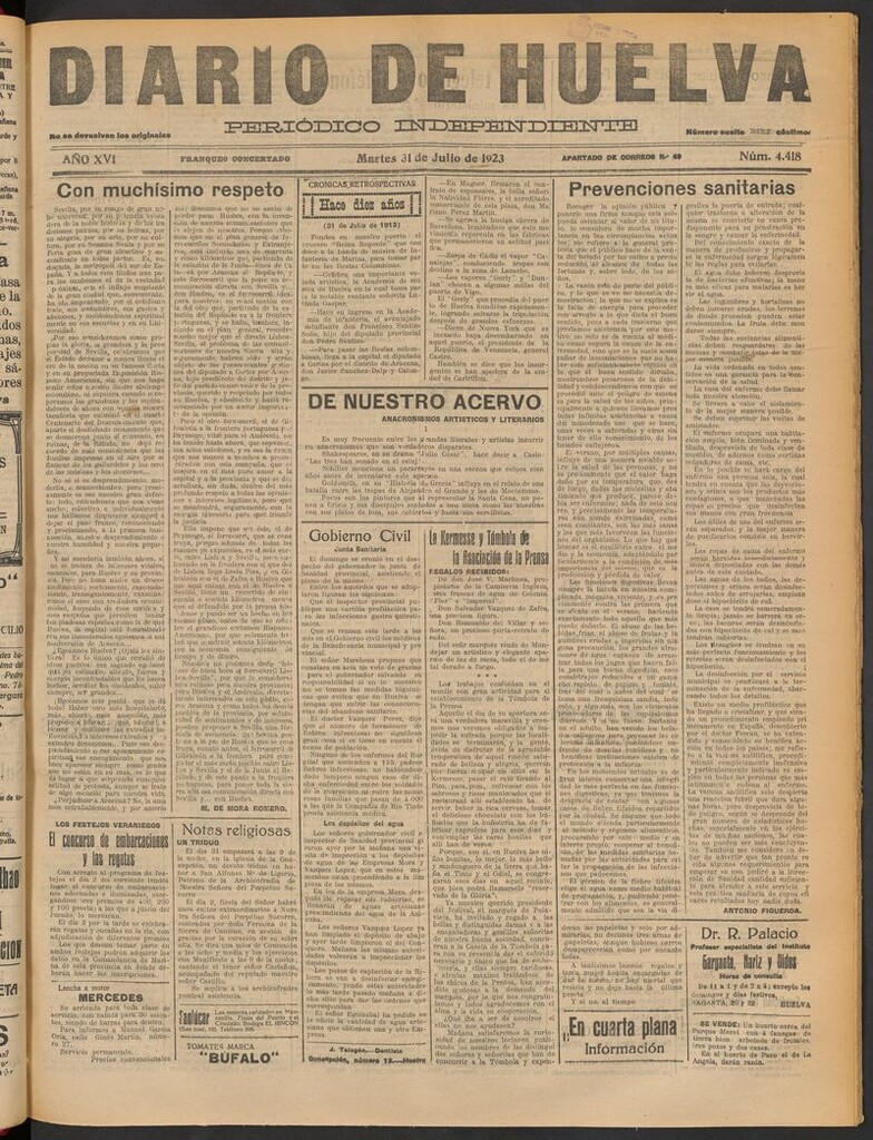 Miniatura de Diario de Huelva : periódico independiente del 31 de julio de 1923