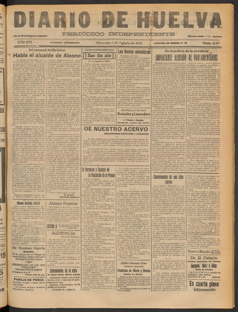 Miniatura de Diario de Huelva : periódico independiente del 1 de agosto de 1923