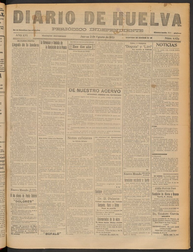 Miniatura de Diario de Huelva : periódico independiente del 2 de agosto de 1923